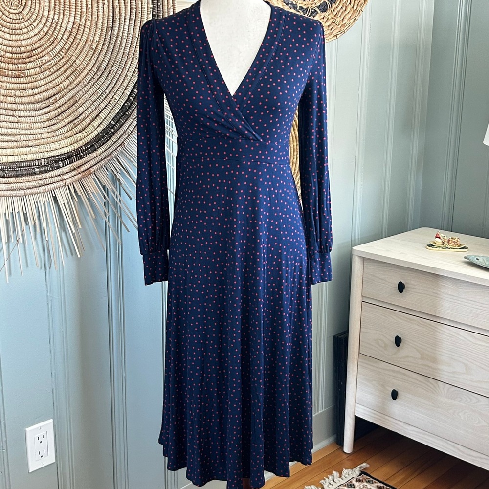 Boden Navy Blue Red Polka Dot Faux Wrap Midi Dress Long Sleeve US 6P UK 10P